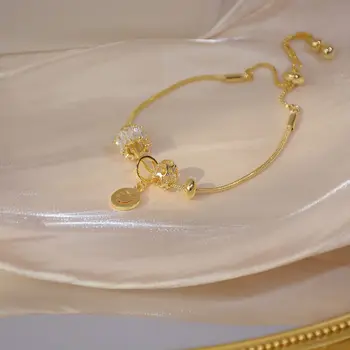 Цепочка из 14-каратного настоящего золота роскошные кости змея из бисера регулируемый изысканный ССС Циркон полый дизайн чувство выпускном банкете браслет женщин